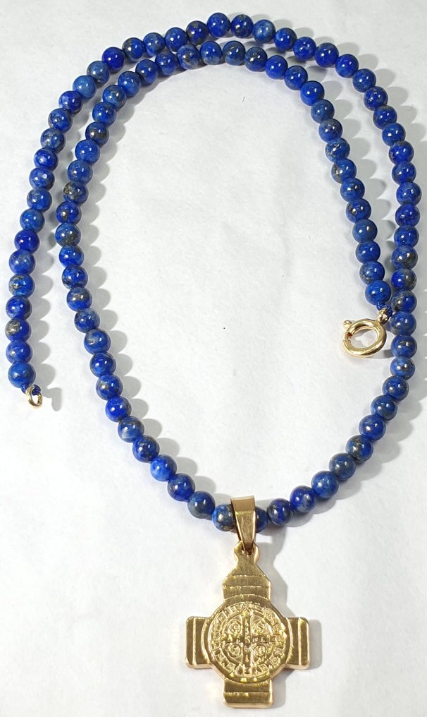 San Benito Cross and Crucifix of the Good Death - Natural Lapis Lazuli - Silver 925 Plated Clasp - Necklace #2.1
